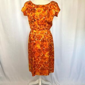 Vintage 60s, 50s Orange Floral Midi Dress. Pinup Rockabilly Designer Pat Premo